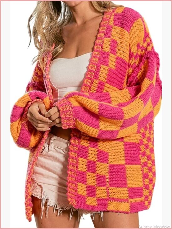 Sweaters - Open Front Chunky Knit Cardigan Sweater Long Sleeve Plaid